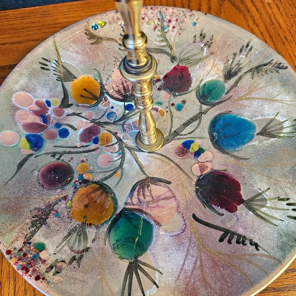 Vintage MCM Enamel on Copper Pedestal Tidbit Tray Abstract Floral Brass Handle